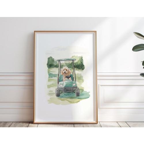 Goldendoodle golf print, Green Golf Cart with Dog Print, Golf nursery Wall Art, Doodle Dog Playing Golf, Goldendoodle print, Digital, P #47