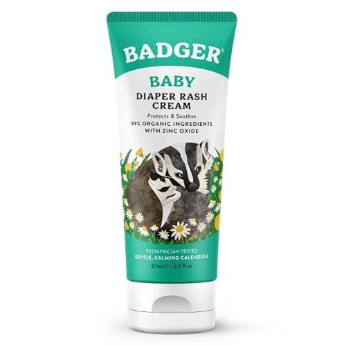 Badger Diaper Cream, 99% Organic Diaper Rash Cream for Baby, Zinc Oxide Ointment w/Soothing Calendula Cream for Sensitive Baby Skin, 2.9 fl oz