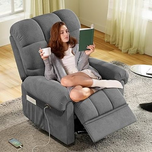 Updated Power Recliner Chair, Adjustable Electric Recliner Chairs for Adults, Ultra-Comfy Corduroy Recliner Chair for Small Space, Tool-Free Assembly, 2 Side Pockets and USB Port, Gray