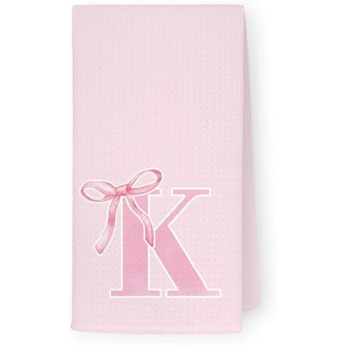 Monogrammed Initial K Hand Towels for Bathroom, Personalized Gifts for Women Girls Birthday Christmas, Coquette Preppy Pink Bows Waffle Kitchen Dish Tea Towels with Initial, 16x24 Inch