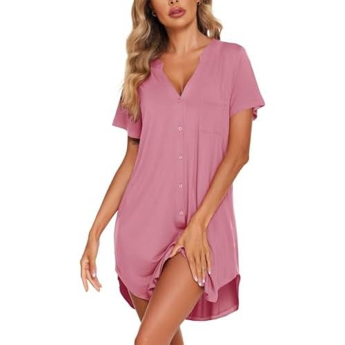 Ekouaer Women Button Down Nightgown V Neck Night Gowns Sleepshirts Short Sleep Shirts