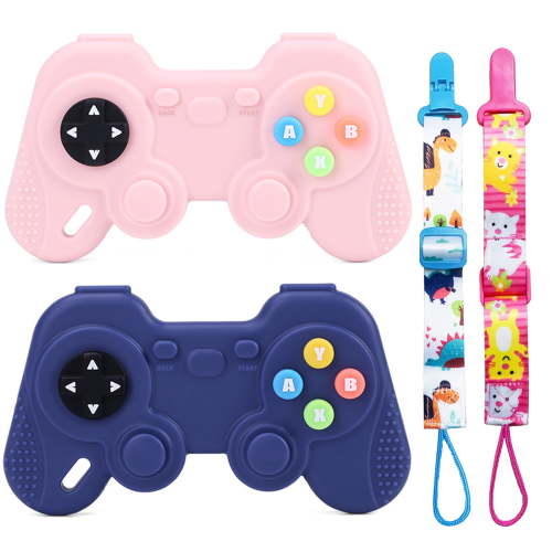 Aokelily 2 Pack Soft Silicone Teething Toys for Toddlers, for Babies 6-12 Months Boys Girls Baby Molar Teether Chew Toys Sensory Press Toy Set, Remote Control Game Controller Shape Teething Toys Gift
