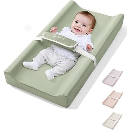 COMOMY Baby Changing Pad with Wipeable & Waterproof PU Cover, Contoured Diaper Changing Pad for Dresser with Non-Slip Safety Belt, Portable and Lightweight, Large Cushioned Foam, Green