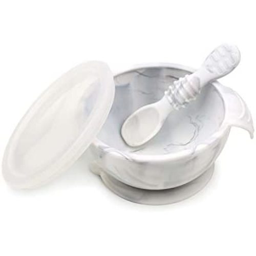 Bumkins Suction Silicone Baby Feeding Set, Bowl, Lid, Spoon, BPA-Free, First Feeding, Baby Led Weaning - Marbled