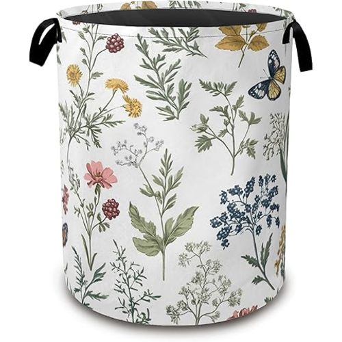 Beautiful Floral Laundry Hamper,Collapsible Laundry Baskets,Flowers Butterfly Dirty Clothes Baskets with Handles,Oxford Cloth Hamper for Bedroom,Bathroom,College Dorms,16"x20"