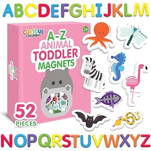 Curious Columbus Animal Fridge Magnets for Toddlers | 52 Refrigerator Magnets Including 26 Animals and 26 Alphabet Magnetic Letters - Uppercase | Foam ABC Magnetic Learning Set for Kids