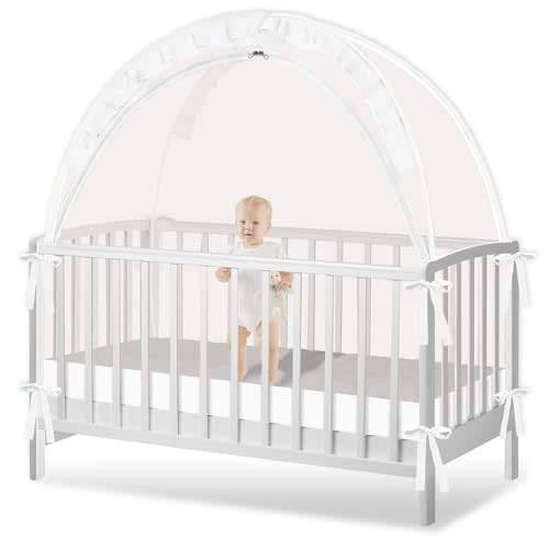 Crib Tent to Keep Baby from Climbing Out - Crib Net to Keep Baby in - Pop Up Baby Crib Cover, Upgrade Strong Mesh and Durable Zipper, Safety Crib Canopy (White, Lager)