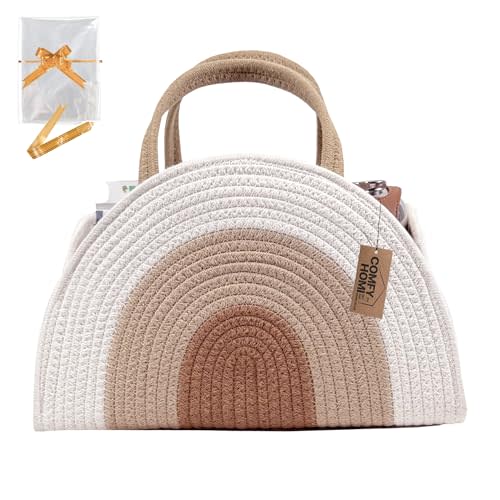 COMFY-HOMI Diaper Caddy Organizer with Gift Bags and Ribbons - Sturdy Cotton Rope Basket for Baby Girl & Boy Newborn Essentials, Large Baby Gift Bag, Nursery Storage Caddy with Handles (white Brown)