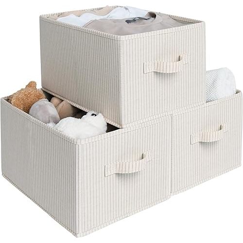 StorageWorks Storage Baskets for Shelves, Foldable Fabric Closet Storage Bins with Handles, Fabric Storage Bins Clothes Organizer, Beige Stripes, 3-Pack, Medium