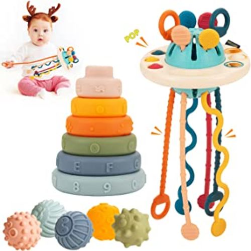3 in 1 Baby Montessori Toys 12-18 Months, Baby Toys 6 to 12 Months, Sensory Toys for Toddlers, Silicone Pull String Activity Travel Toys, Fine Motor Skills, Toys for 1 Year Old Boy Girl Gift