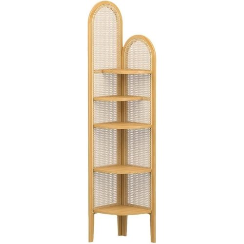 5-Tier Corner Shelf Bookcase, Fan-Shaped Corner Shelf Unit, Wood Frame & Resin Rattan Weaving, Corner Display Shelf, Tall Corner Storage Rack, Space-Saving Display for Home Decor(Natural)