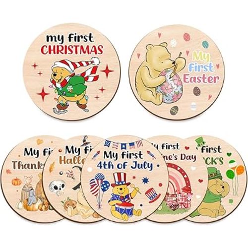 8Pcs Winnie My First Holiday Baby Milestones Circles, The Pooh Birthday Baby Stuff, Double-Sided Printing Months Baby Milestone Wooden Keepsake, Wooden Circles Stuff for for Documenting Growth