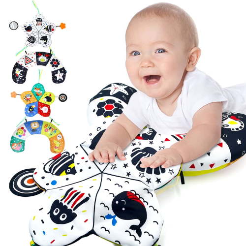 Suorfoxs Baby Toys 0-6 Months, High Contrast Tummy Play Pillow, Crinkle Mat with Mirror and Teether
