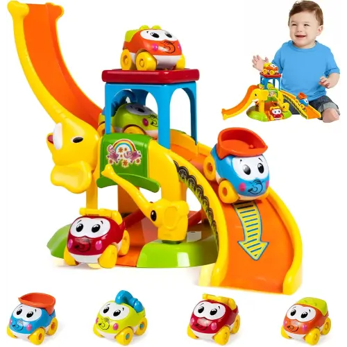 Marstone Toddler Toys for 1 2 Year Old Boys and Girls Gifts: Educational Elephant Slide with 4 Animal Cars Toys for Baby 12-18 Months, First Birthday Present Learning Push Truck Track Ages 1-2