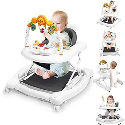 5-in-1 Baby Walker, Baby Walkers for Boys Girls 6-18 months, Foldable Activity Walker, Toddler Infant Walker with Bouncer, Adjustable Height, Removable Footrest, Feeding Tray, Music