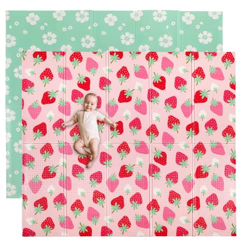 Wildkin Baby Play Mat - Large Folding Foam Play Mat for Infants, Babies, Toddlers, Waterproof, Double-Sided (70" x 59") - Strawberry Patch