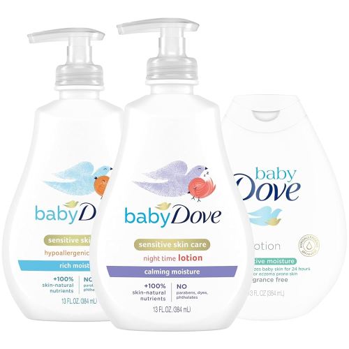 Dove Baby Lotion Sensitive Skin Care Bundle – Ultra-Gentle Face & Body Lotions for Newborns & Infants, 2 Hypoallergenic Scents, 1 Fragrance-Free, 13 Oz Ea