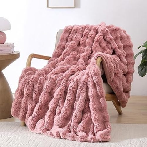 Faux Rabbit Fur Throw for Couch - Old Pink Bubble Blanket 50"x60"