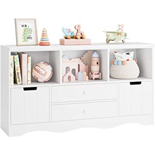 FOTOSOK 51.2" Large Toy Storage Organizer with 2 Drawers and 3 Cubbies, Toy Organizers and Storage for Books or Dolls, Bookshelf and Toy Storage for Playroom, Storage Cabinet for Nursery, White