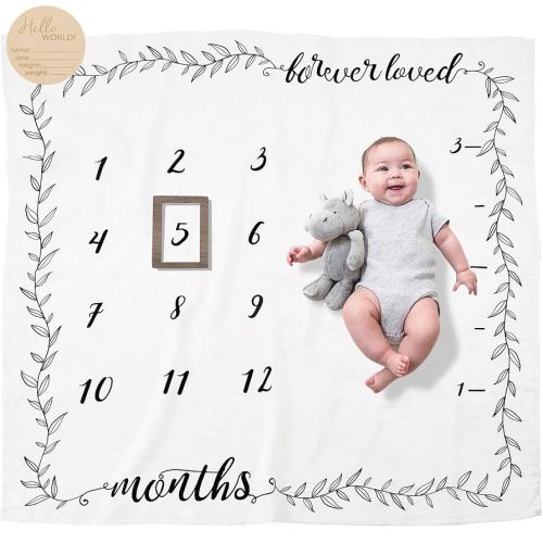 Organic Baby Milestone Blanket - Boy or Girl, 1-12 Months, Neutral, 47'x47' with Wood Frame and Newborn Announcement Disc