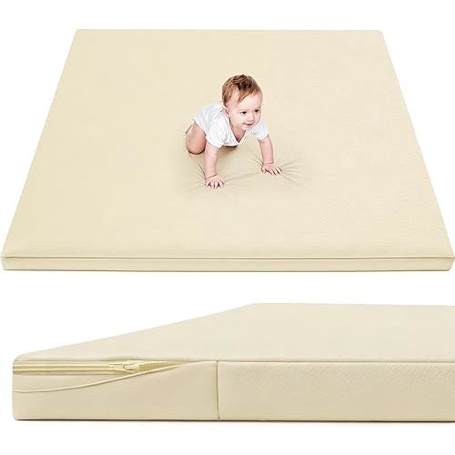 Waterproof Baby Play Mat for Floor 1.3"Thick Memory Foam 59*59 Cushion Playpen Playmat Tummy Time Crawling Mat Nursery Rug Pad Mattress Create Soft & Safe Area for Infants,Toddler,Kids,Beige
