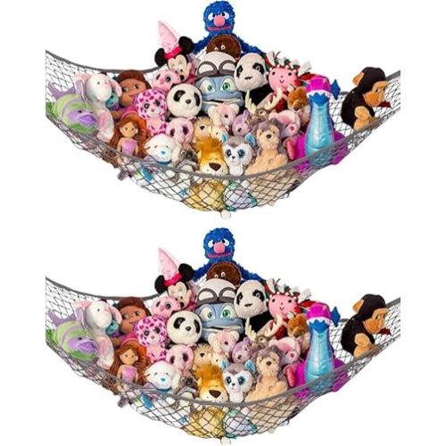 Lilly's Love Stuffed Animal Storage Hammock - Extra Large 2 Pack, Corner Hanging Stuffed Animal Net Organizer - Stuffed Animals Toy Storage - Cute Plushie Stuff Animal Holder (Grey)