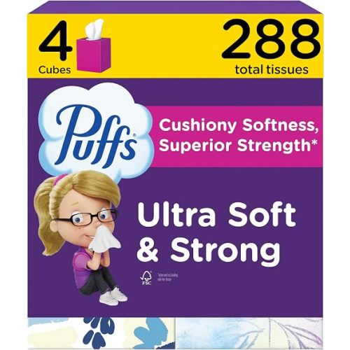 Puffs Facial Tissues Ultra Soft, 4 Mega Cube Boxes, 72 Facial Tissues per Box, Allergies and Colds (Packaging May Vary)