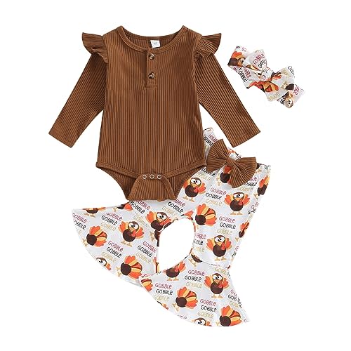 Kuriozud Newborn Baby Girl Bell Bottom Outfit Ruffle Romper Cute Bow Flare Pants Set Headband Cute Clothes