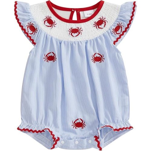 Baby Girl Summer Clothes Cute Fruit Embroidery Ruffle Smocked Romper Newborn Girls Gingham Bodysuit Dress