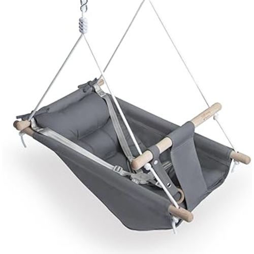 Baby Swing for Baby and Toddler, Canvas Baby Hammock Swing Indoor and Outdoor with Safety Belt and Mounting Hardware, Wooden Hanging Swing Seat Chair for Baby up to 3 Years - Grey