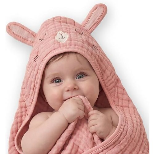 Muslin Baby Hooded Towel, Soft & Absorbent Bath Towel for Baby Girls, Sweet Bunny