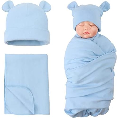 PESAAT Cotton Baby Swaddle Hat Set Newborn Infant Hats Receiving Blankets for Baby Boys Girls