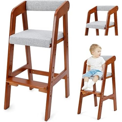 Wooden High Chair for Toddlers, Adjustable Dining Feeding Chair with Removable Cushion for Child, High Chair Grows with Your Kid with Steps for Kids Dining, Studying, Step Tool(Nut-Brown)