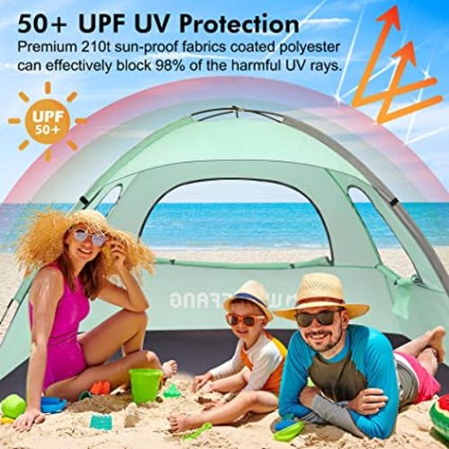 WhiteFang Beach Tent Anti-UV Portable Sun Shade Shelter for 3 Person, Extendable Floor with 3 Ventilating Mesh Windows Plus Carrying Bag, Stakes and Guy Lines - Mint Green