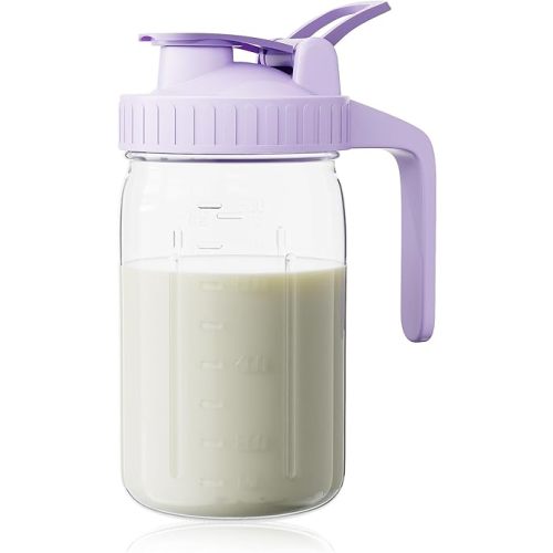 Breast Milk Pitcher, Mason Jar 32 oz, Heavy Duty Wide Mouth Jar with Purple Flip Cap Lid and Pour Spout, Formula Pitcher Airtight Seal for Freshness and Convenience, Great for Cold Beverages