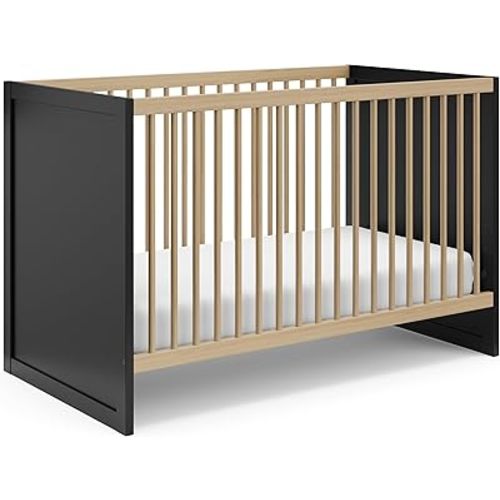 Storkcraft Calabasas 3-in-1 Convertible Crib (Black with Driftwood) – GREENGUARD Gold Certified, Fits Standard Crib Mattress, Converts to Toddler Bed, Modern Style, Easy 30-Minute Assembly