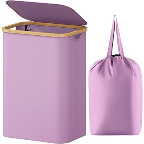 Lifewit 80L Laundry Basket with Lid, Clothes Hampers for Laundry with Bamboo Handles and 1 Removable Bag, Large Foldable Laundry Hamper for Bedroom, Bathroom, Dorm, Laundry Room, Purple