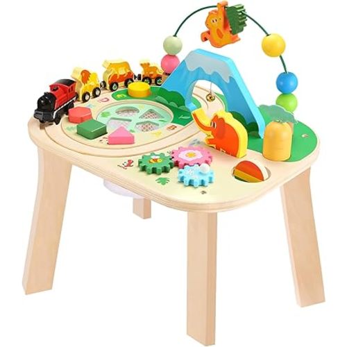 oathx Activity Table for 1 Year Old Toddler, 9-in-1 Multi-Colorful Wooden Montessori Toys, Baby Play Table with Bead Maze Shape Sorter Train Toy, Educational Gifts for 12 Months+ Kids Boys Girls