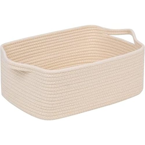 CubesLand Cute and Durable Small Cotton Rope Basket for Organizing, Woven Closet Storage Bin,Shelves Closet Storage Basket, Bathroom Storage Organizer Bin, Nursery Toy Basket Bin, Beige Basket