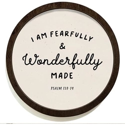 SkyCozy Christian Bible Verses Framed Wall Art Decor, I Am Fearfully and Wonderfully Made Religious Round Wooden Hanging Wall Decor for Home Kids Nursery Room Bedroom Living Room, 10x10 Inch