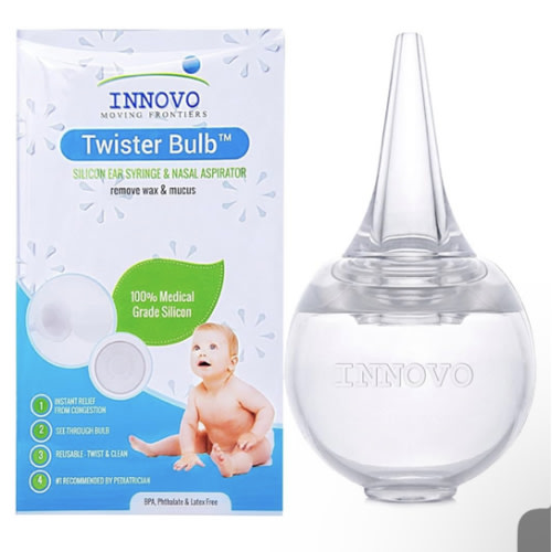 Innovo FSA/HSA Eligible Hospital Grade Silicone Twister Bulb Baby Ear Syringe and Nasal Aspirator, Sucks Snot and Mucus, Cleanable and Reusable, Clear