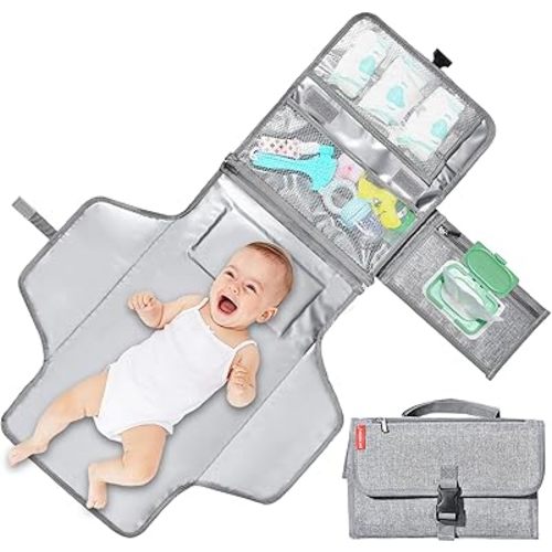 SKYROKU Diaper Changing Pad – Waterproof, Extra-Large, Memory Foam Pillow, Convenient Wet Wipes Bag, Easy to Carry, Portable for Travel – Ideal for Newborns & Infants