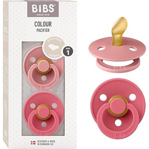 BIBS Pacifiers 0-6 Months | Colour Collection 2-Pack | BPA-Free Anatomical Natural Rubber Nipple | Made in Denmark | Dusty Pink/Coral Color Pacifier