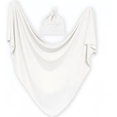 Baby Receiving Blankets with Matching Beanie Set Newborn Nursery Swaddle Unisex Swaddle Wrap Soft Silky Neutral for Baby Girls and Boys (White)