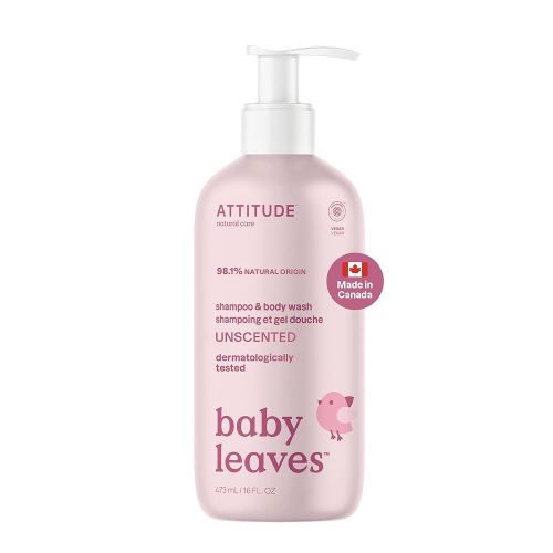 ATTITUDE Baby 2-in-1 Shampoo and Body Wash, Made in Canada, EWG Verified, Dermatologically Tested, Vegan, Unscented, 473 mL