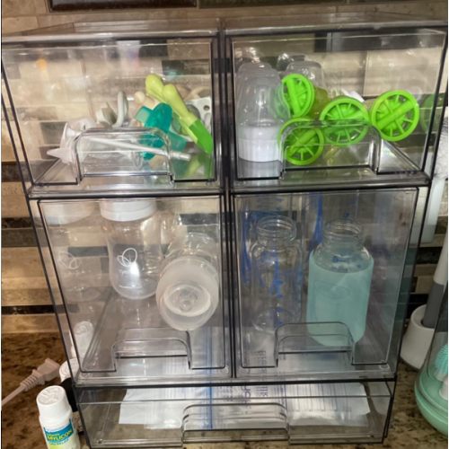 Vtopmart Stackable Storage Drawers Set of 5, 12" Wide and 4.4''&7.6'' High Clear Plastic Organizer Bins for Beauty Supplies,Ideal for Vanity, Bathroom,Cabinet,Pantry Organization
