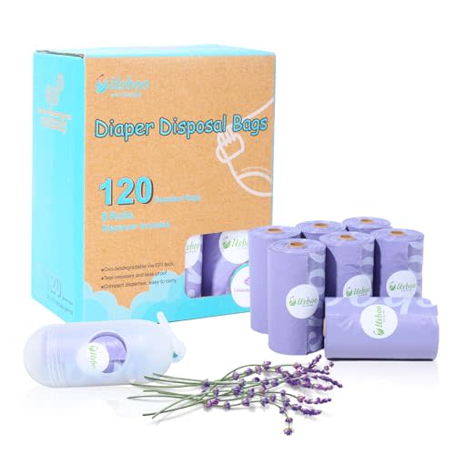 USBOO Disposable Diaper Bags for Baby | 8 Refill Rolls (120 Pack) | Lavender Scented | Baby Poop Bags with Dispenser | Essential for Travel and Quick Change on The Go