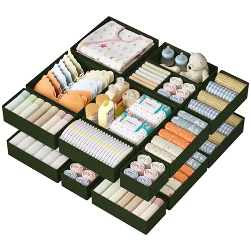 DIMJ Drawer Organizer Clothes 15 Pack - Foldable Baby Organizers and Storage & Dresser Organizer for Bedroom, Closet - Nursery Organization Dresser Dividers for underwear, Sock,Bra, Belt, Tie, Green