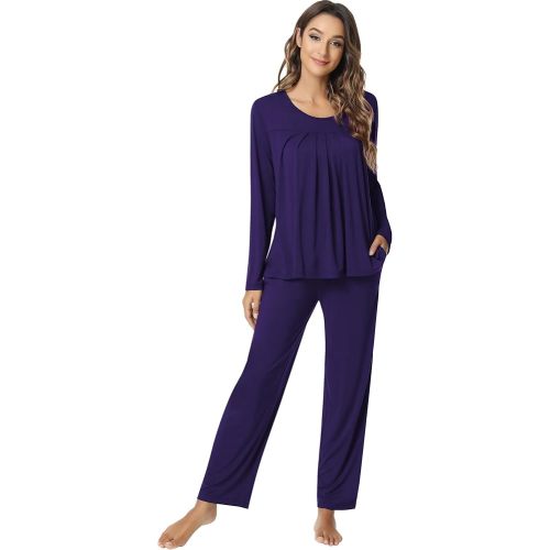 NACHILA Pajamas for Women-Viscose Made from Bamboo,Long Sleeve Pajama Sets Comfy Loungewear Pleated Pjs