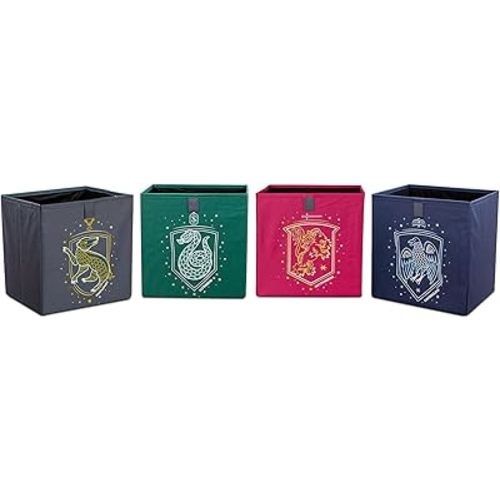 Harry Potter Hogwarts Houses 11-Inch Storage Bin Cube Organizers, Set of 4 | Fabric Basket Container, Cubby Cube Closet Organizer | Wizarding World Gifts And Collectibles